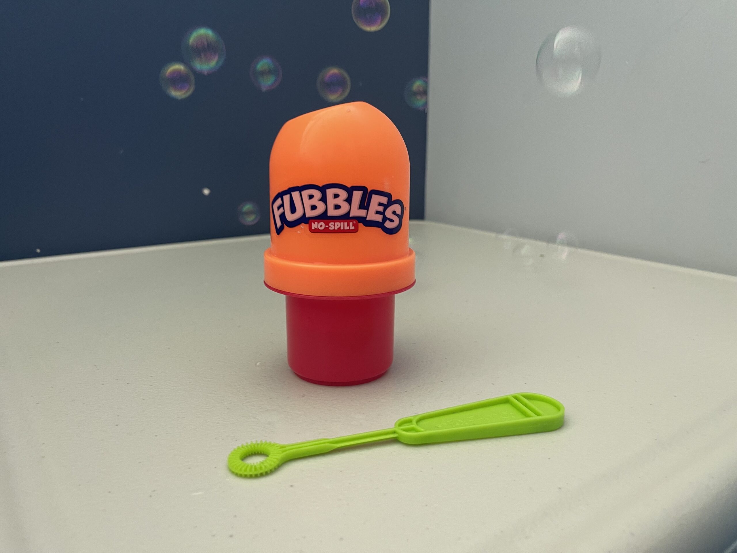 Fubbles bubbles on a table.